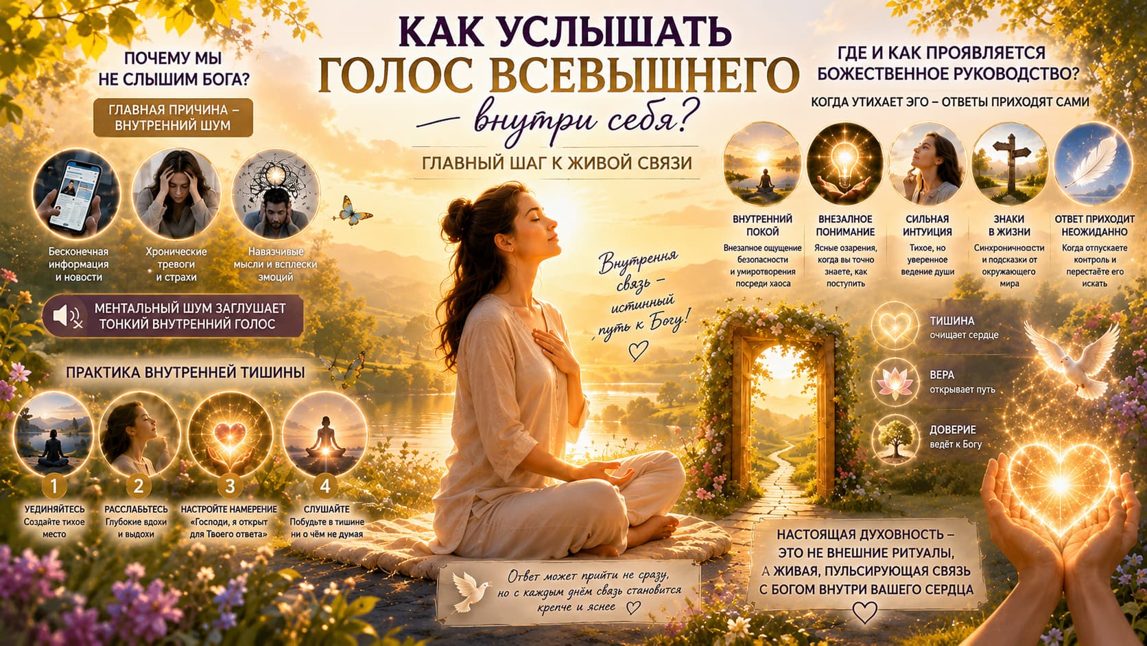 Можно ли услышать голос Всевышнего внутри себя? Мой ответ, конечно ДА. Но Божественный голос не звучит так, как обычные звуки. Он проявляется через внутреннее ощущение, интуицию и глубокое понимание. Почему же не всем удается услышишать этот голос? Главная причина, это внутренний шум.