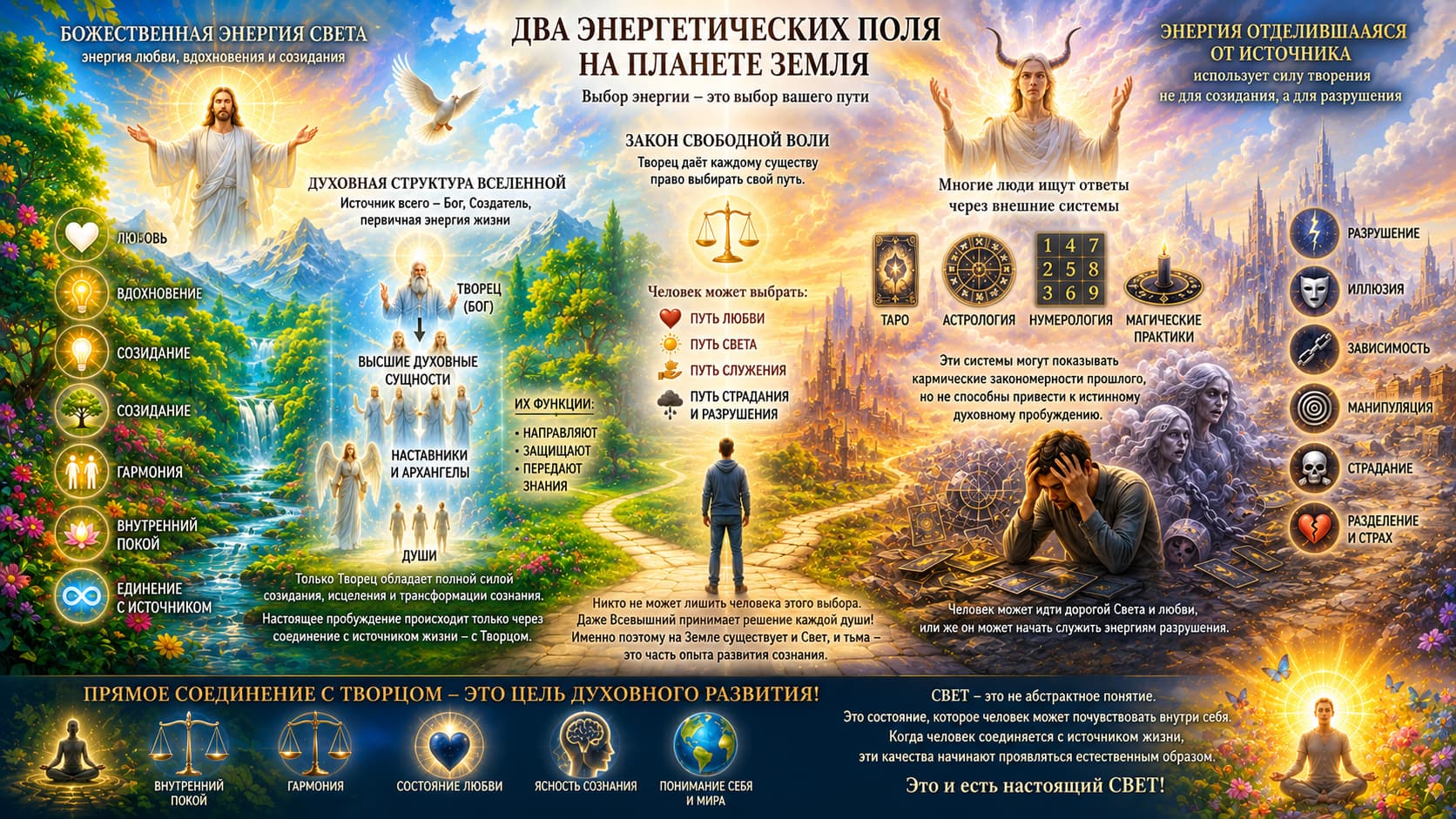 Два энергетических поля на планете Земля. Духовная иллюстрация о выборе между путем Света и путем разрушения, законе свободной воли, прямом соединении с Творцом, внутреннем пробуждении, гармонии, любви и истинном духовном развитии.