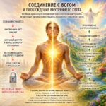 Соединение с Богом и пробуждение внутреннего Света. Духовная иллюстрация, показывающая контраст между низкими и высокими вибрациями, расширением сознания, внутренним очищением и раскрытием Божественного потенциала.