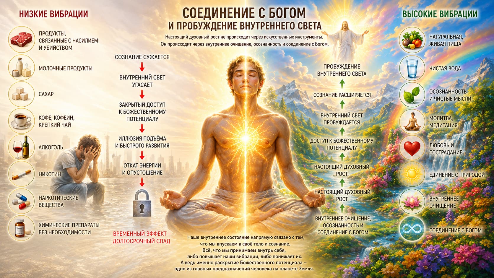 Соединение с Богом и пробуждение внутреннего Света. Духовная иллюстрация, показывающая контраст между низкими и высокими вибрациями, расширением сознания, внутренним очищением и раскрытием Божественного потенциала.