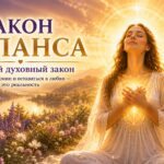 Кинематографическая духовная иллюстрация с женщиной, символизирующей Душу человека. Она стоит в сияющем золотом свете с руками на сердце, окружённая райским садом, цветами и аркой света. Миниатюра посвящена Закону Баланса — главному духовному закону, который помогает сохранять гармонию, внутренний покой и любовь, не вовлекаясь в негативные эмоции и конфликты.