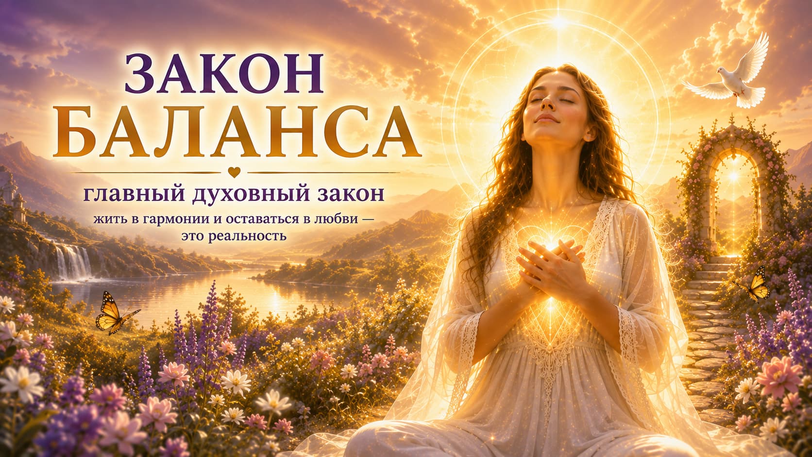 Кинематографическая духовная иллюстрация с женщиной, символизирующей Душу человека. Она стоит в сияющем золотом свете с руками на сердце, окружённая райским садом, цветами и аркой света. Миниатюра посвящена Закону Баланса — главному духовному закону, который помогает сохранять гармонию, внутренний покой и любовь, не вовлекаясь в негативные эмоции и конфликты.