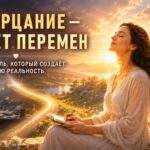 Позиция наблюдателя и создание новой реальности — женщина в состоянии спокойствия и созерцания переходит от внутреннего шума к золотому Свету, гармонии и благодарности.