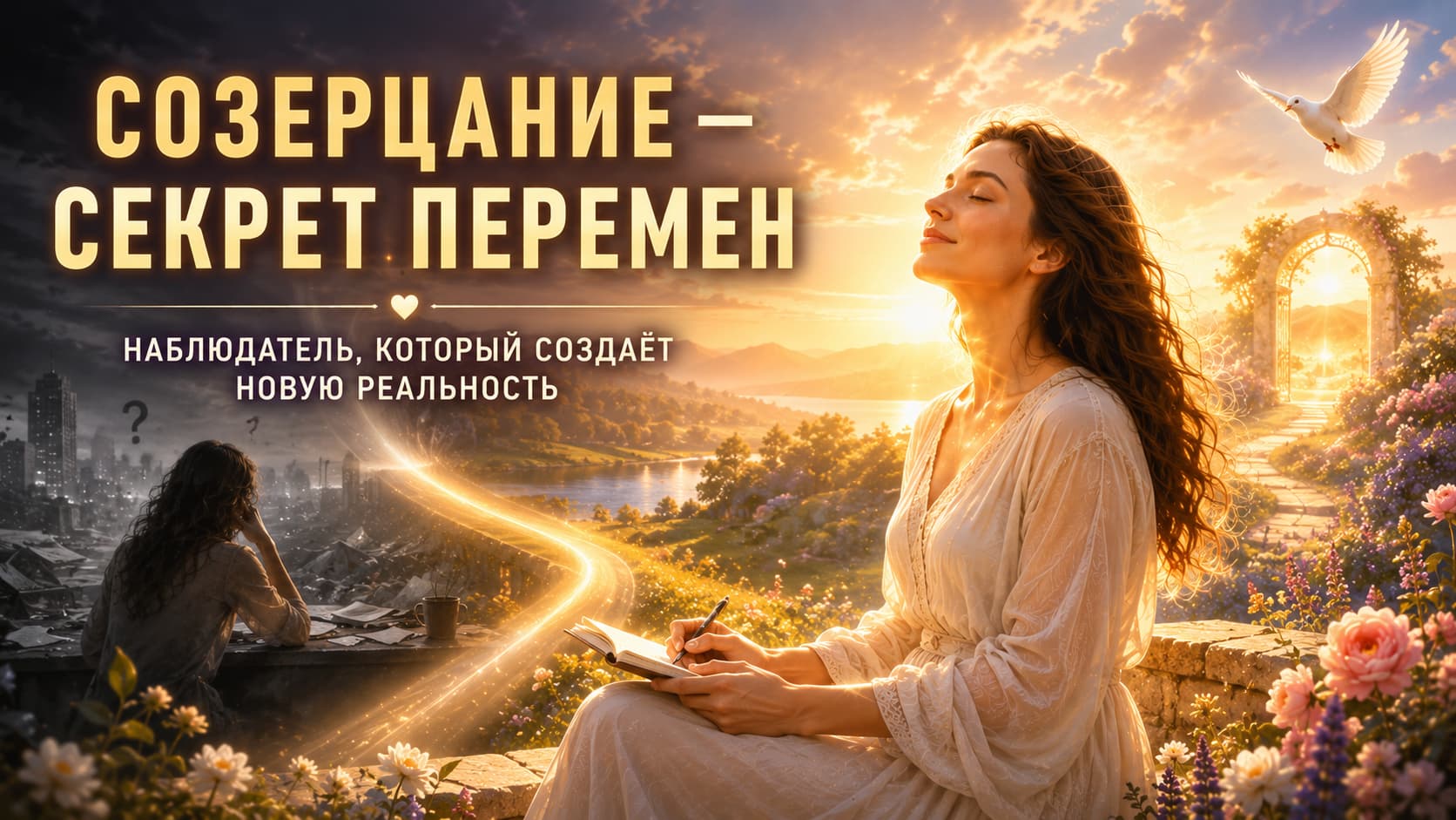 Позиция наблюдателя и создание новой реальности — женщина в состоянии спокойствия и созерцания переходит от внутреннего шума к золотому Свету, гармонии и благодарности.