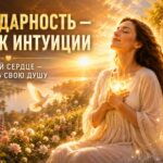 Благодарность — дверь к интуиции: женщина, символизирующая Душу человека, держит руки у сияющего сердца в золотом свете среди райского сада, цветов и дороги к Свету.