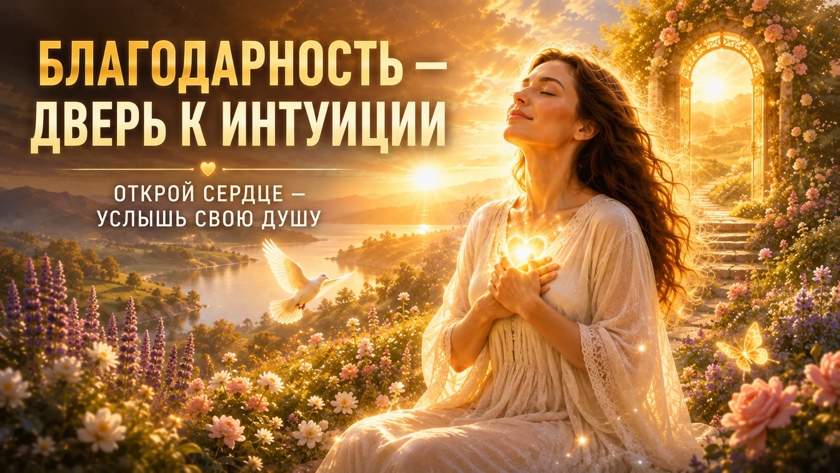 Благодарность — дверь к интуиции: женщина, символизирующая Душу человека, держит руки у сияющего сердца в золотом свете среди райского сада, цветов и дороги к Свету.