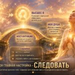 Интуиция — голос Всевышнего. Женщина с внутренним светом принимает Божественный импульс через Высшее Я. Сияющий мост символизирует связь между Всевышним, Высшим Я и Душой на фоне золотого света и райского сада.