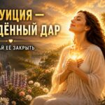 Интуиция — врождённый дар человека: женщина с сияющим светом в сердце символизирует Душу и внутренний голос, а контраст между системой и светлой дорогой показывает возвращение к способности слышать себя.