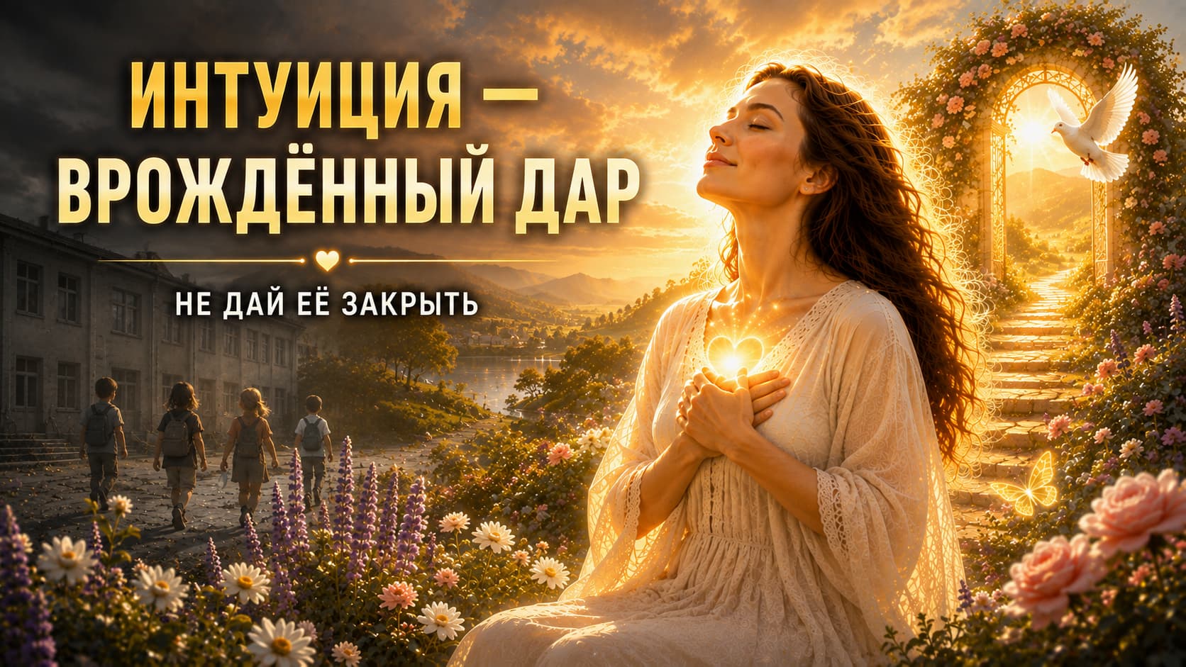 Интуиция — врождённый дар человека: женщина с сияющим светом в сердце символизирует Душу и внутренний голос, а контраст между системой и светлой дорогой показывает возвращение к способности слышать себя.