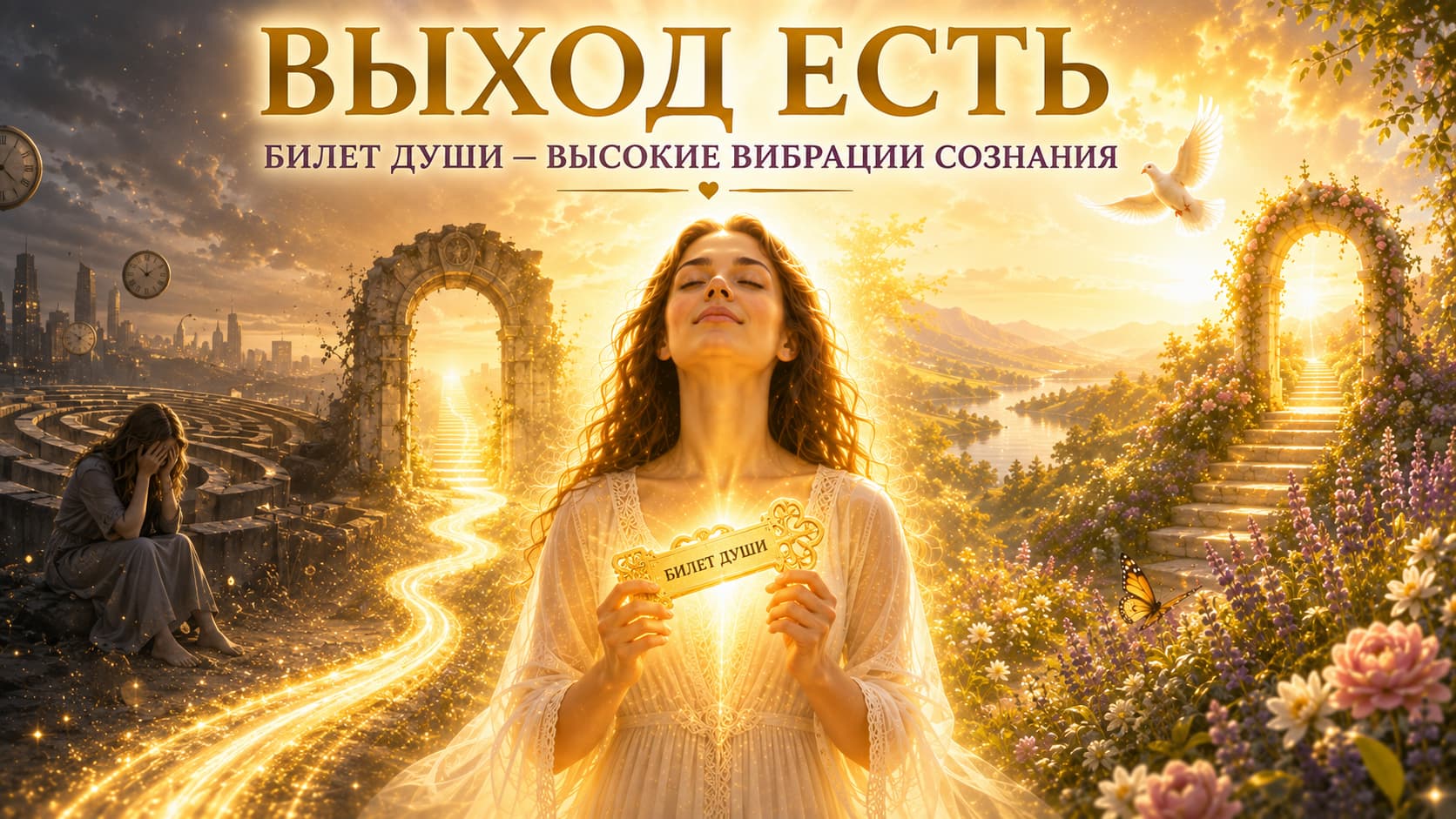 Кинематографическая художественная иллюстрация с женщиной, символизирующей Душу человека. Она стоит в золотом Божественном Свете и держит сияющий символ выхода к новой жизни. Слева изображён тёмный лабиринт, символизирующий круг повторяющихся жизненных уроков и сознание выживания. Справа — райский сад, светлая дорога и сияющая арка, символизирующие высокие вибрации сознания, духовное служение, изобилие и прямую связь с Источником. Иллюстрация посвящена выходу из колеса сансары через любовь, Свет и духовное пробуждение.