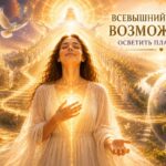 Кинематографическая художественная иллюстрация с женщиной, символизирующей Душу человека. Она стоит в центре райского сада, наполненная золотым Божественным Светом. Свет исходит из её сердца и соединяет её с сияющей аркой, небесной лестницей, образом Источника и планетой Земля. Белый голубь, лучи света и цветущий пейзаж создают ощущение Божьего присутствия, мира и надежды. Иллюстрация символизирует Высший план, духовное предназначение человека и миссию нести Свет миру.