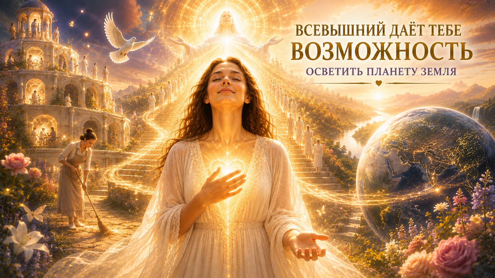 Кинематографическая художественная иллюстрация с женщиной, символизирующей Душу человека. Она стоит в центре райского сада, наполненная золотым Божественным Светом. Свет исходит из её сердца и соединяет её с сияющей аркой, небесной лестницей, образом Источника и планетой Земля. Белый голубь, лучи света и цветущий пейзаж создают ощущение Божьего присутствия, мира и надежды. Иллюстрация символизирует Высший план, духовное предназначение человека и миссию нести Свет миру.